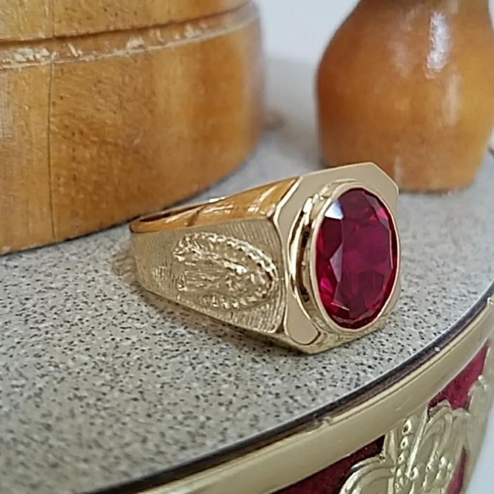 15mm 14k Yellow Gold Men's nugget Religious Ruby Guadalupe Ring